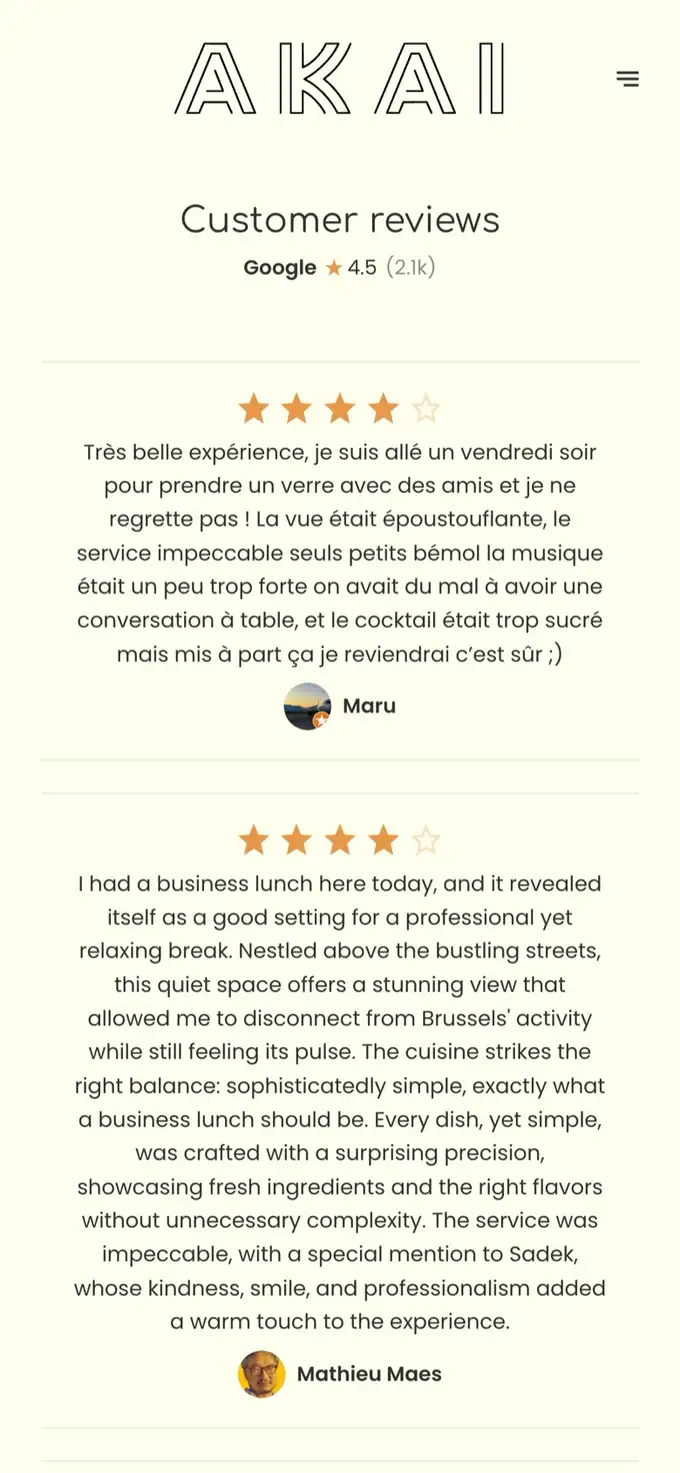 Google reviews shown on the AKAI website on a phone