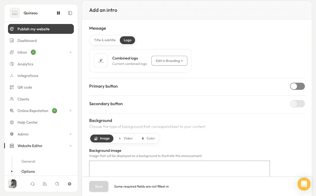 Screenshot of the Stride website editor’s homepage intro settings, showing the Logo message option, Primary and Secondary button toggles, and a Background image picker