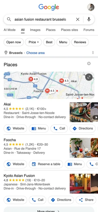 Risultati di ricerca Google con AKAI al primo posto per i ristoranti asian fusion a Bruxelles