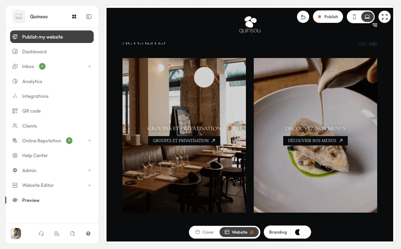 Screenshot of the Stride website editor’s preview mode, showing a restaurant homepage with “Groups and privatisation” and “Discover our menus” image tiles next to the Cover, Website and Branding preview toggles