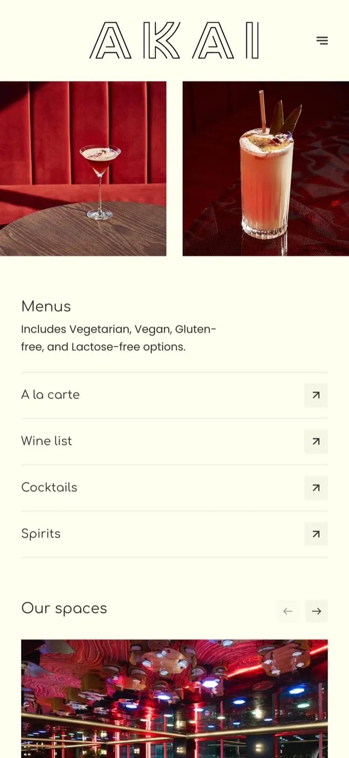 The AKAI website's menu page on a phone