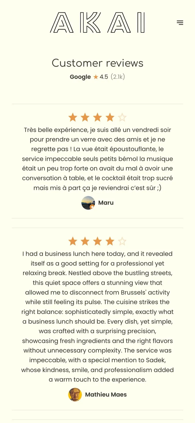 Google reviews shown on the AKAI website on a phone