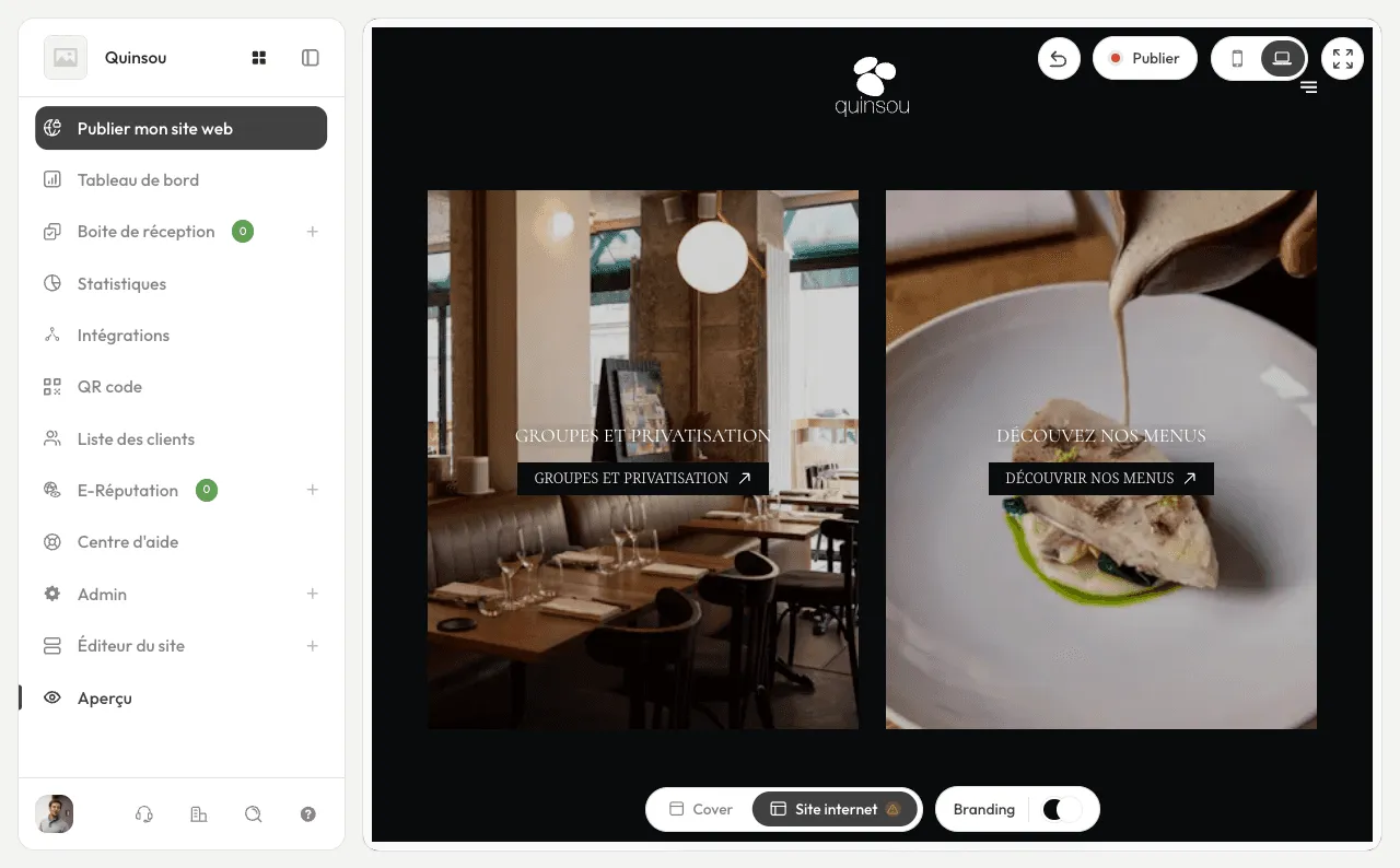 Capture d’écran du mode aperçu de l’éditeur de site Stride, montrant la page d’accueil d’un restaurant avec les tuiles « Groupes et privatisation » et « Découvrez nos menus », à côté des bascules d’aperçu Cover, Site internet et Branding
